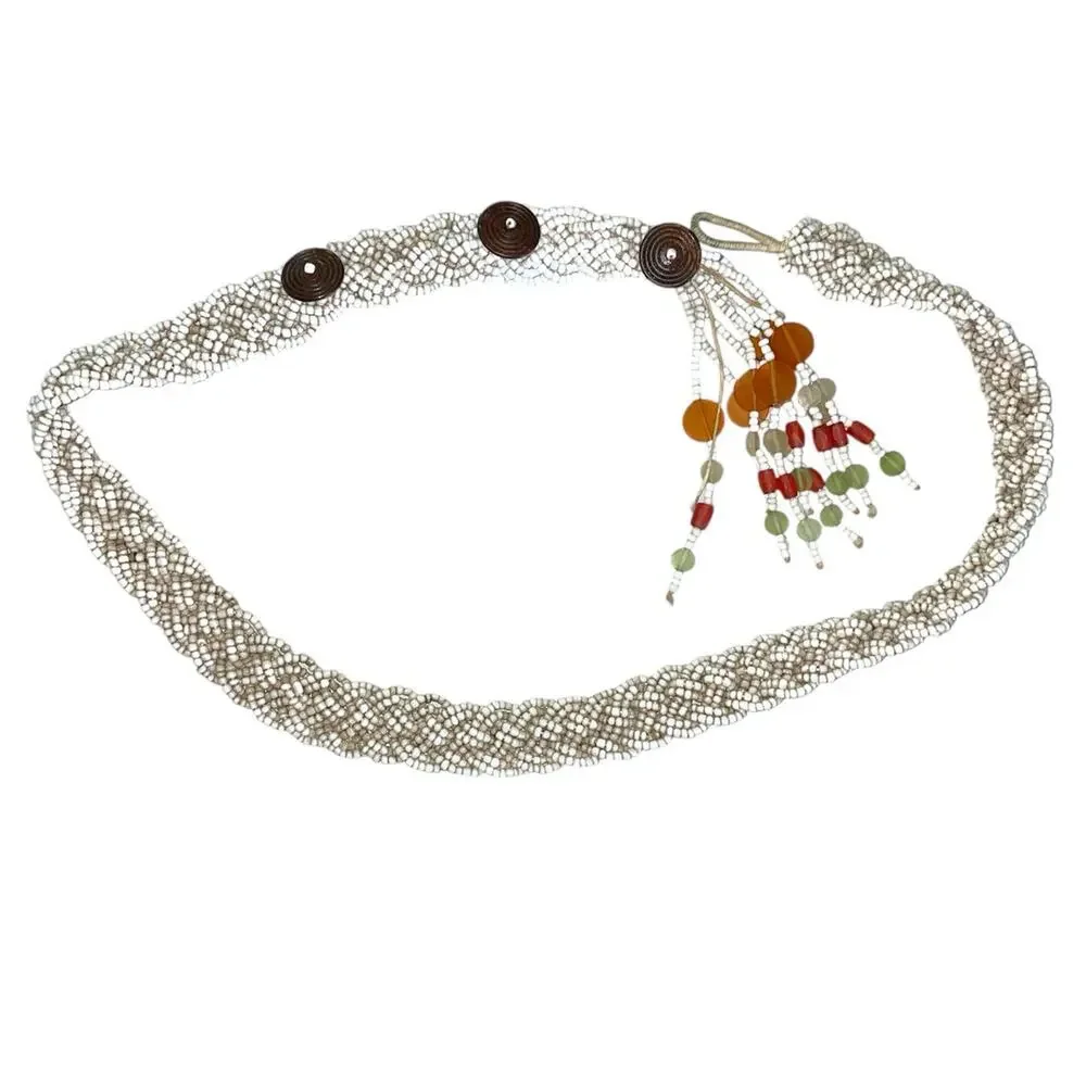 Anthropologie Braided Woven Beaded Belt with Wood Discs & Tassel Fringe